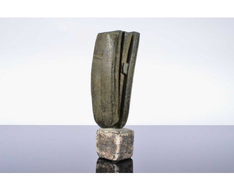 Peter Hayes (born 1946) Raku and stoneware, folded sculptural form, on a a raku cube, signed to underside with incised signat