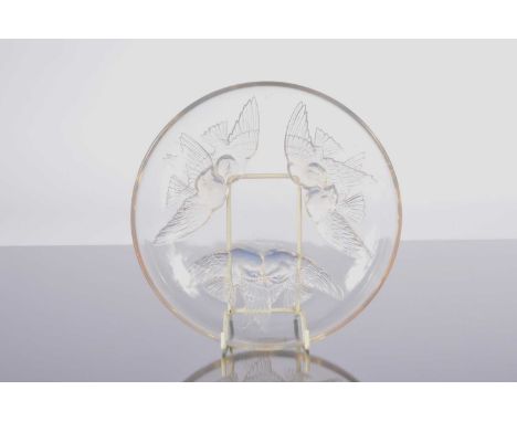 A Lalique glass dish, 22cm diameter, press moulded with three pairs of love birds to underside and raised mark for R. Lalique
