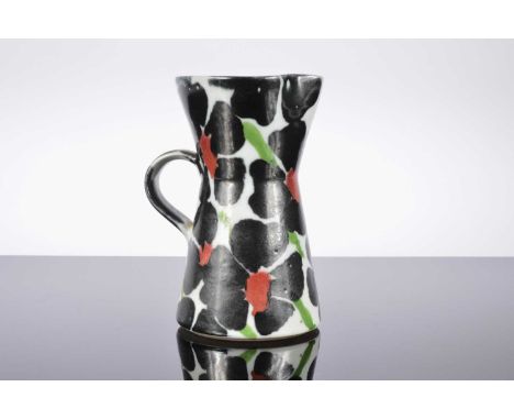 A stoneware Dart Pottery waisted jug by Janice Tchalenko, black rose against a white glaze, with stap handle, seal mark to ba