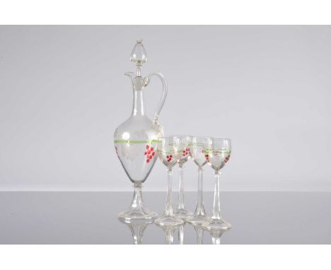 An Art Deco period Moser glass decanter and stopper with four matching liquor glasses, 44.5cm high and 20.5cm high, with red 