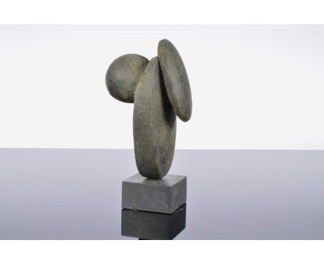 Peter Hayes (born 1946) pottery and slate stylised form, square plinth base, signed 22 cm high by 11 cm deep by 8.5 cm