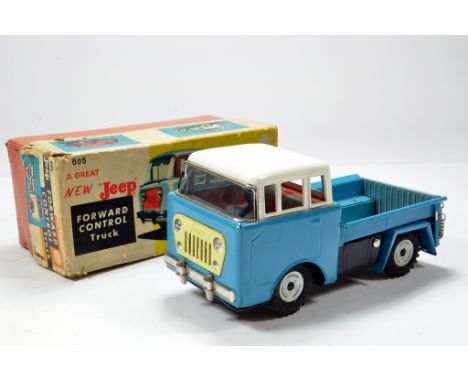 A large scale Bandai (Japan) Tin Plate Metal Friction Drive Forward Control Jeep Flat Truck. No. 605 in light blue with white