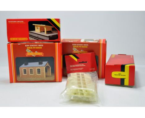 Hornby OO Gauge R504 Engine Shed, R506 Goods Shed, RS11 Waiting Room and Platform Shelter. NM to M in Boxes. (5)