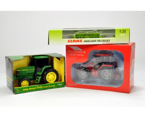 Farm Model Trio comprising Ertl 1/32 John Deere 7410 Tractor, Cerberus McCormick CX100 plus Norscot 1/32 Claas Jaguar RU 600 