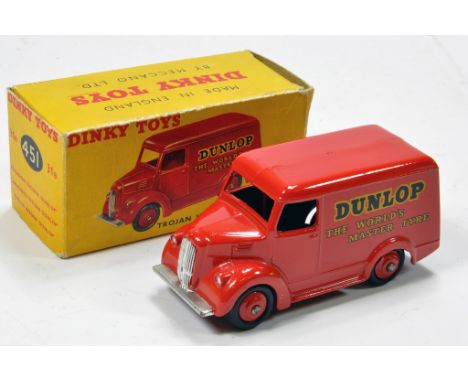 Dinky No. 451 Trojan Dunlop Van in red with red ridged hubs and black smooth tyres. Amazing NM example in VG Box.