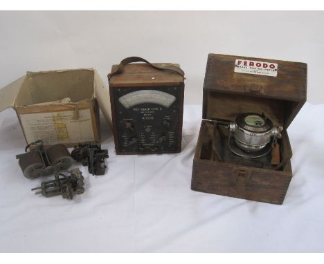 Ferodo brake testing meter with boxed floor-mounting block, a test meter Type D, the MoD Kit (boxed), an acoustic coupler and