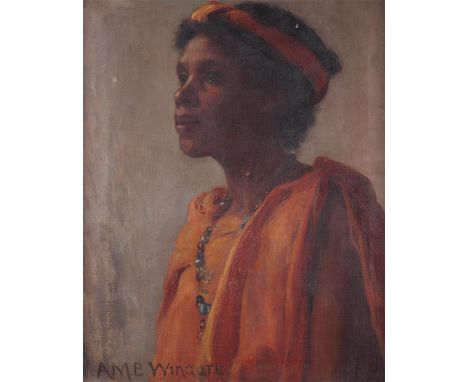 ‡Anna M. B. Wingate (Scottish Exh. 1899-1908)Portrait of a girl head and shoulders wearing orange and a headbandSignedOil on 
