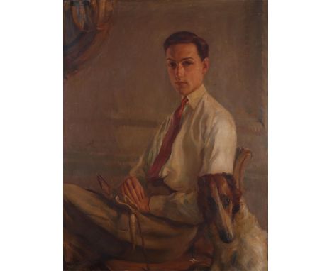 ‡Henrique Medina De Barros Portuguese (1901-1988)Portrait of a gentleman seated with his riding crop and dogSigned inscribed 