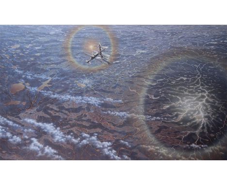 ‡Andrei Sokolov (Russian 1931-2007)Satellites over BelarusSigned in cyrillic also signed and titled versoOil on canvas unfram