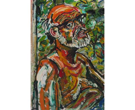 ‡John Bratby RA (1928-1992)Self-Portrait with a cigarSigned also dedicated verso A present to dear Jack strong mealOil on can