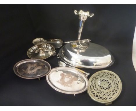 E.p. entree dish and cover, a similar Victorian chamber stick, a pair of waiters on copper and various other items.