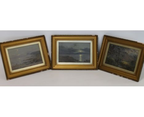 D PATON (Late 19th c / early 20th )Moonlit Seascape, Moonlit Shore and Highland Stream - ThreeOil on board,Each 14cm x 22cmSi