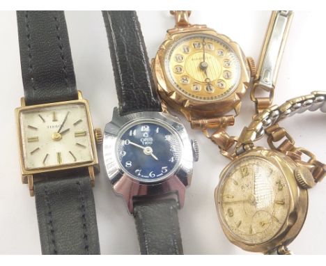 Lady's Tissot gold watch, 1972, two others, all 9ct gold and another metal. (4).  