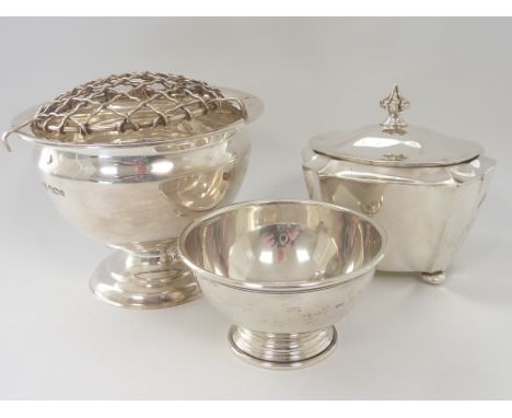 Silver small caddy, 1899 and two bowls, 1901 and 1950.  Condition Report. 7oz.