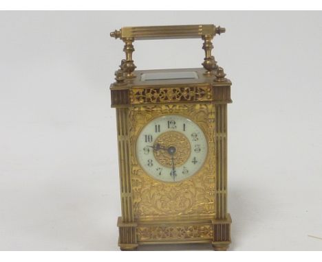 French style carriage clock, cylinder timepiece in anglaise style case with pierced mask and frets. 13cm. Condition Report. N