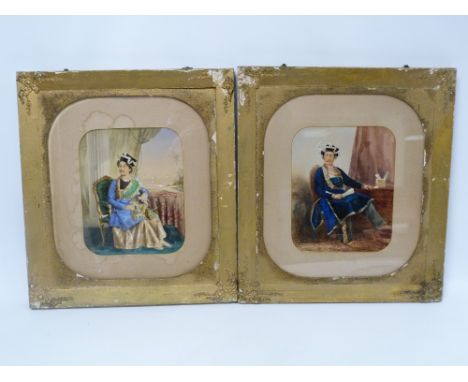 Pair of 19th century overpainted portrait photographs of European magnates in Indo-Chinese dress, possibly Indonesian. Blind 