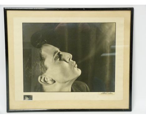 Monochrome profile portrait photograph of the actor Marlon Brando 27.5cm x 36.5cm, with label 'Taken with the Compass Camera'