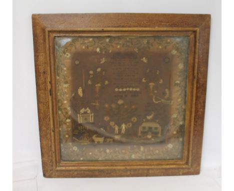 Early 19th century silk embroidered sampler by Margaret Strickland aged 15(?), 1827, depicting Adam and Eve, a house, various