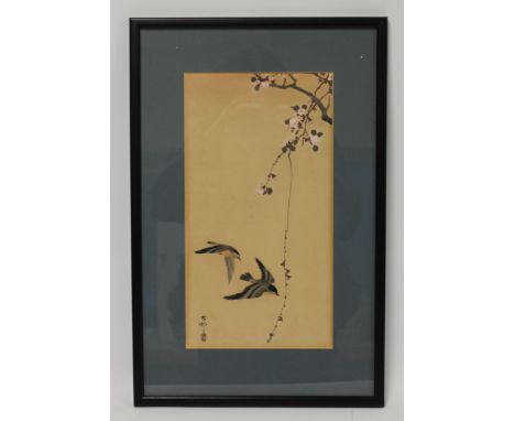Early 20th century Japanese woodblock print of two birds with blossom, two character marks with seal. 33.5cm x 18cm