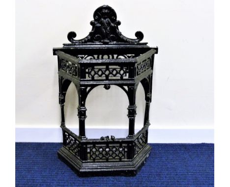 Victorian cast iron stick stand, pierced front with drip tray and registration mark to back. 77cm