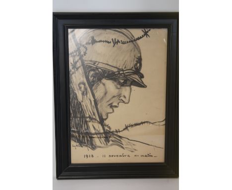 EUGENE RIBOULET (French 1883 - 1972)"1918 - 11 Novembre Au matin"Profile portrait of a soldier.Black ink on buff paper.48cm x