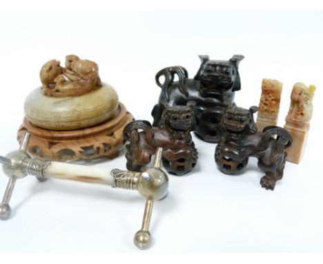 Chinese carved soapstone seal ink paste box with carved Dogs of Fo finial, on wooden stand 8cm diam., two small soapstone sig