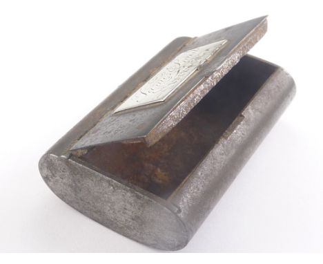 Steel (gun metal) snuff box of oval section with silver plaque "James Smith, Liverpool" c1820, 57mm.