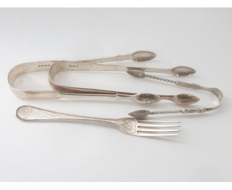 Two silver tongs 1807 and 1866, another and a fork, 1863. (4).