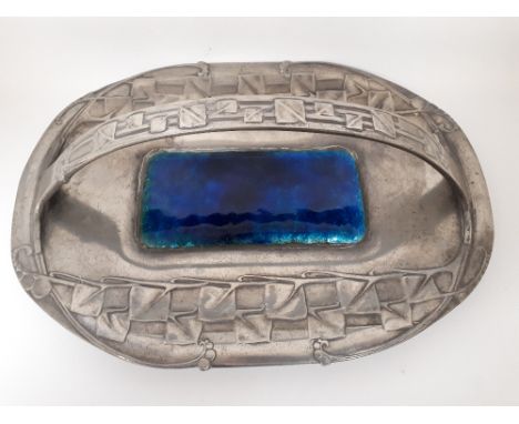 Liberty &amp; Co. Tudric Pewter basket designed by Archibald Knox with blue enamel panel, No.0357. impressed marks, 30.5cm wi