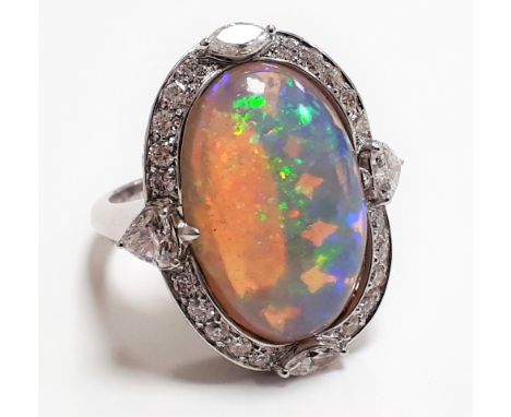 Large oval opal & diamond cluster ring set with brilliant, heart & marquis cut diamonds, 18ct white gold, size O Condition Re