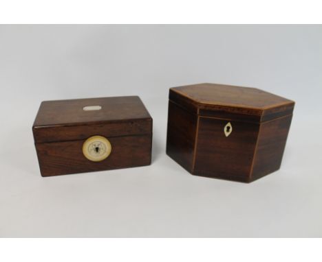 Georgian mahogany tea caddy of hexagonal form with inlaid banding, 19.5cm wide and a small rosewood musical box, 18cm wide (2