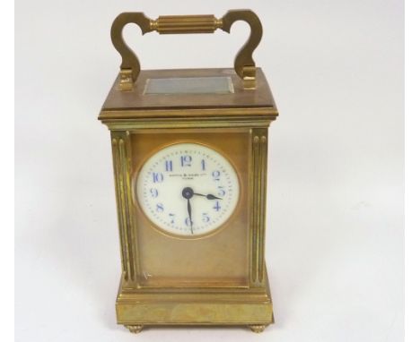 Carriage clock for Mappin &amp; Webb with blue chapters and silvered platform in anglaise style case. 13cm. 