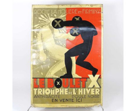 An Art Deco French painted tin boxing promotional sign, inscribed ROCHE LA MOLIERE ET FIRMINY, LE BOULET X TRIOMPHE DE L'HIVE