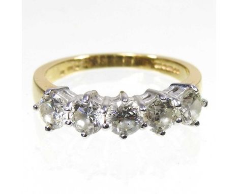 An 18 carat gold diamond five stone half hoop eternity ring, each approximately 0.25 carats, 5.6g, size Q/R, boxedInsurance v