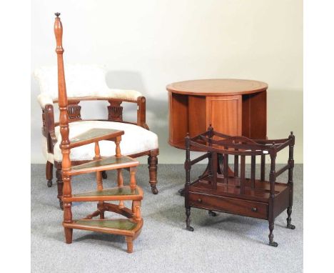 A Victorian tub shaped armchair, together with a set of reproduction library steps, a drum table and a canterbury (4)