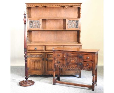 An Old Charm style dresser, together with a cabinet, 91cm wide and a standard lamp (3)136w x 44d x 176h cm