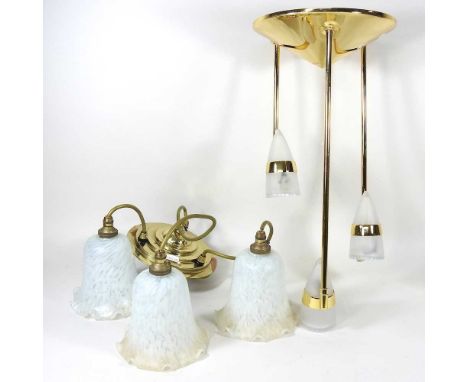 A brass ceiling pendant, with three hanging shades. together with a Christopher Wray brass ceiling light, with three lights a
