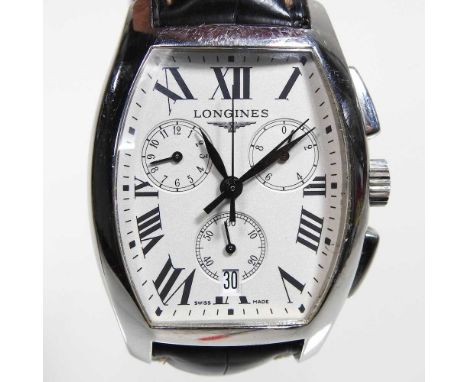A Longines Evidenza gentleman's automatic chronograph wristwatch, with a steel tonneau shaped case, having a signed white dia
