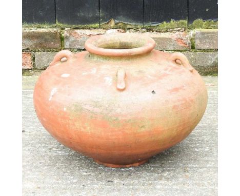 A glazed garden pot, in the form of a Mosque lamp, 46cm wide