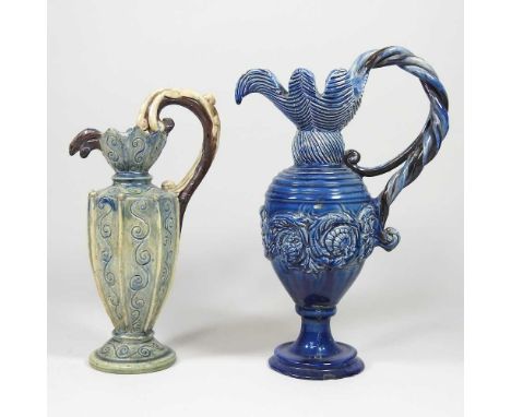 A Castle Hedingham blue glazed pottery ewer, with a ropetwist handle, castle pad mark to base, 29cm high, together with anoth