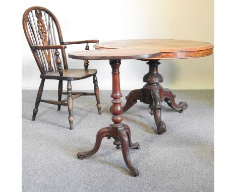 A Victorian walnut circular dining table, together with a wheelback armchair and a 19th century tripod table (3)108w x 73h cm