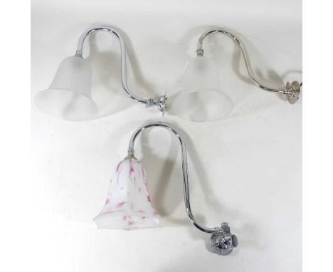 A glass wall light, with shade stamp GLC, together with two swan neck wall lights, with shades, 30cm wide (3)