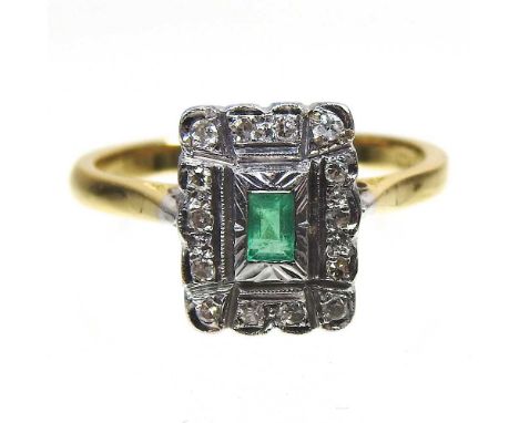 An 18 carat gold emerald and diamond cluster ring, of Art Deco design, 4.5g, size O, approximately 11 x 9mmInsurance valuatio