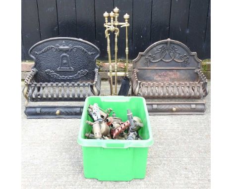 A cast iron fire grate, 51cm wide, together with another larger, a set of fire tools and a collection of blow torches