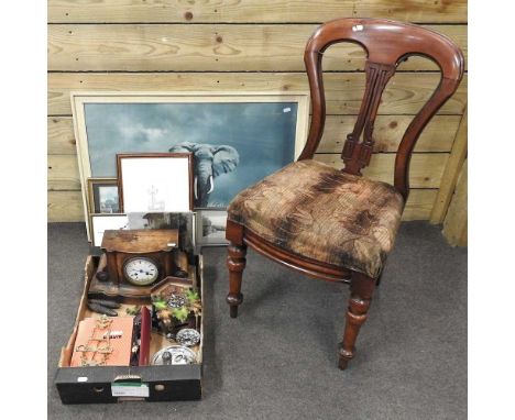 A 19th century mantel clock, together with various wristwatches, a stamp album, prints and a Victorian chair