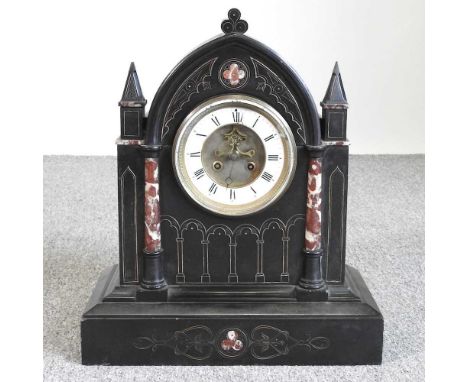 A large Victorian black slate and marble mantel clock, of architectural form, 47cm high41w x 20d x 47h cmNo pendulum or key. 