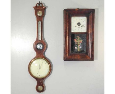 A 19th century mahogany wheel barometer, 120cm high, together with an American shelf clock (2)