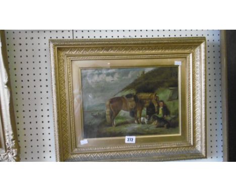 GILT FRAMED OIL ON PANEL OF A GENTLEMAN WITH HORSE, C1800