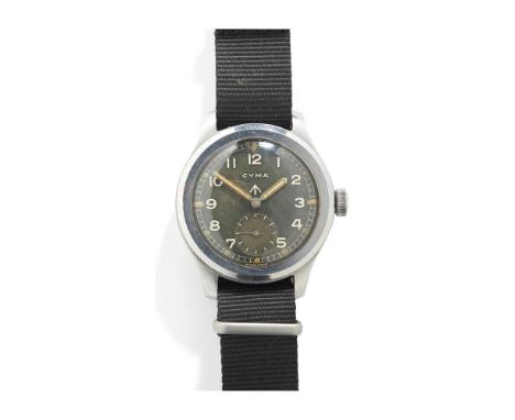 stainless steel case, signed Cyma calibre 234 manual wind 15 jewel movement numbered 375930, round black dial with Arabic num