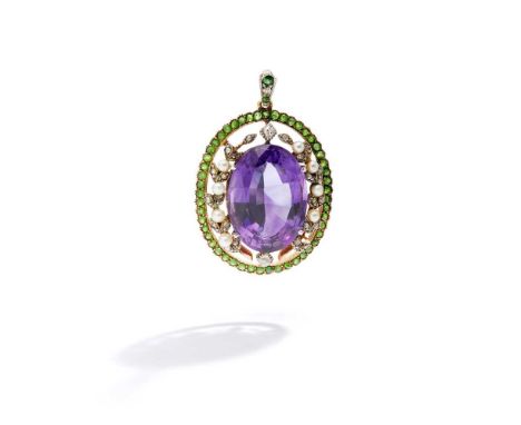 The oval-cut amethyst, within a rose-cut diamond and seed pearl foliate border and circular-cut demantoid garnet frameLength: